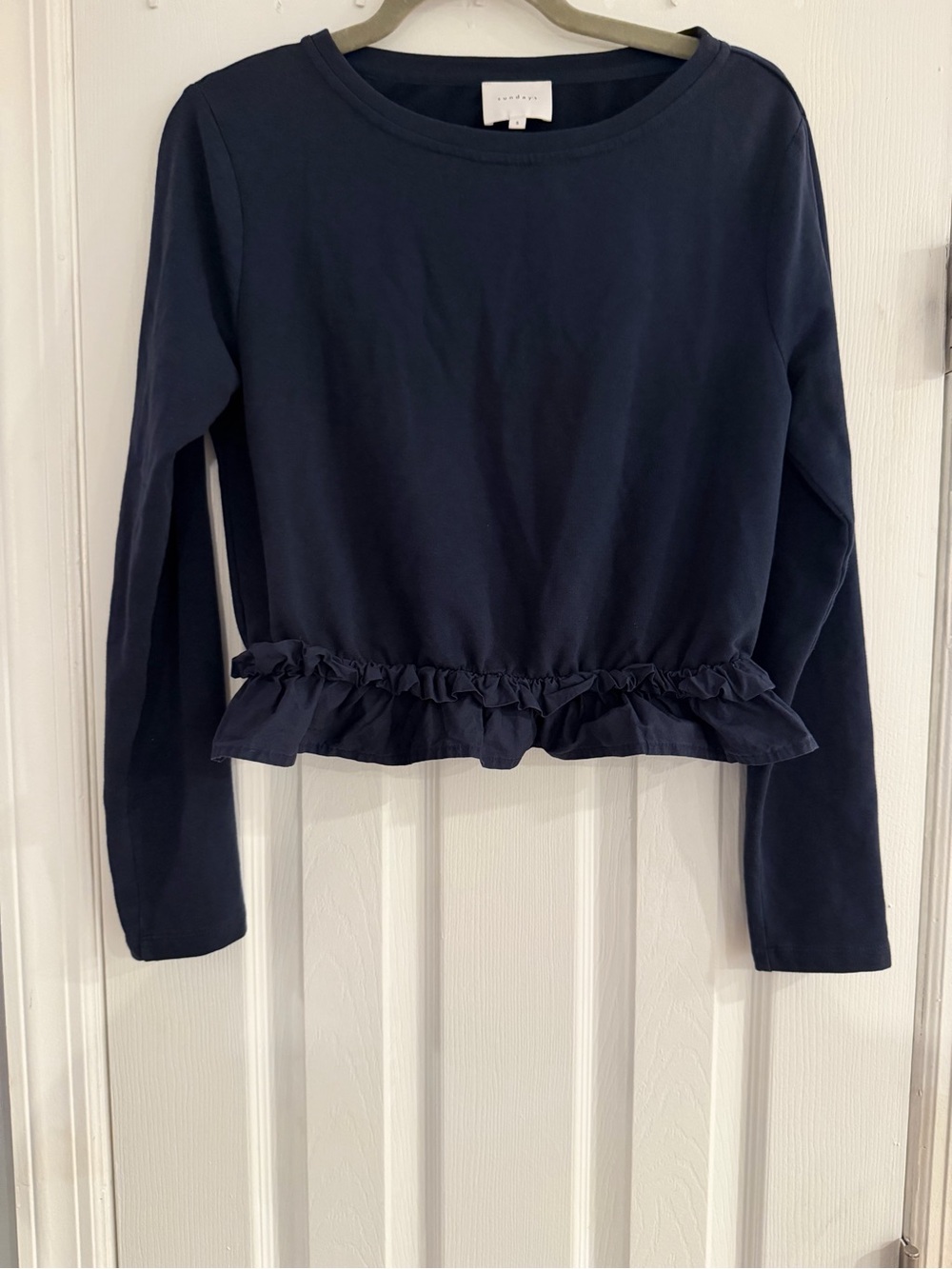 sundays Navy Crewneck Top with Poplin Ruffle Hem